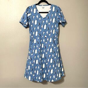 Svaha Penguin Fit & Flare Short Sleeve Blue Pockets Cotton Dress Medium